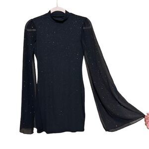 Black Sheer Flared Sleeve Mini Dress Small Whimsigoth Celestial Star Sparkly